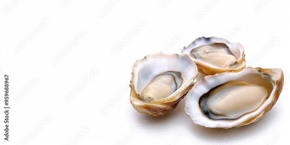 Three oysters are shown on a white background. The oysters are open and have a slightly fuzzy appearance Three oysters are shown on a white background. The oysters are open and have a slightly fuzzy appearance