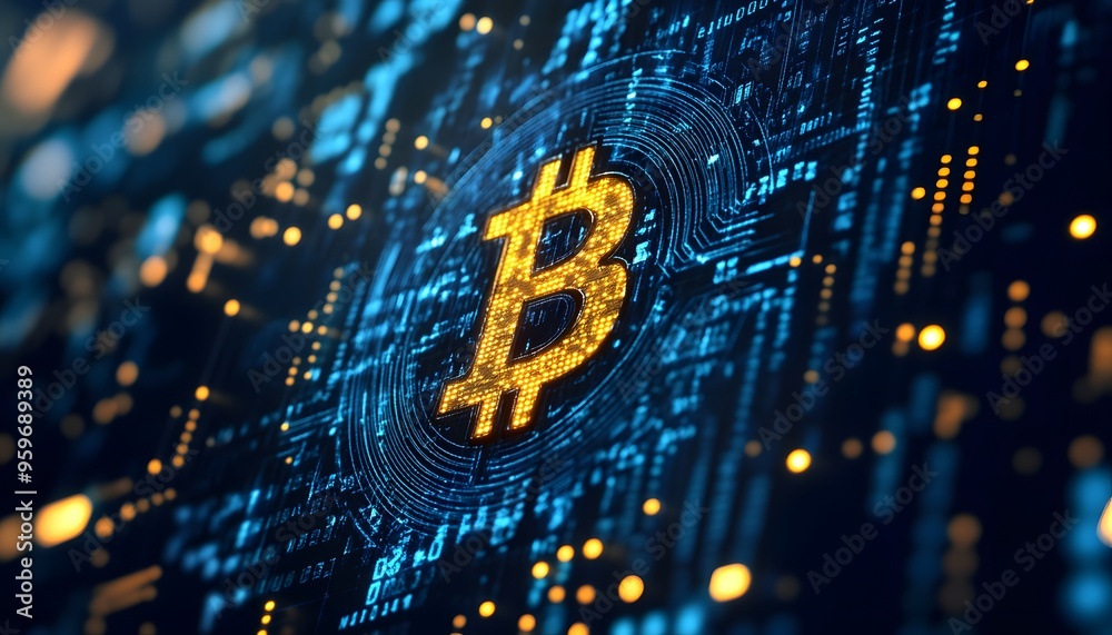 Illuminated Bitcoin Symbol on a Blue Circuit Board Background Illuminated Bitcoin Symbol on a Blue Circuit Board Background