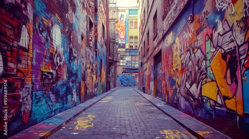 Fototapeta premium Narrow alleyway with brick walls covered in colorful graffiti, leading to a brightly colored building in the distance.