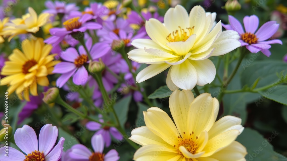 Close-up of yellow and purple flowers in bloom.