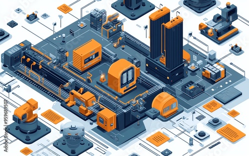 Visual of industrial automation and workflow optimization, with checkboxes representing streamlined business processes and operational improvements