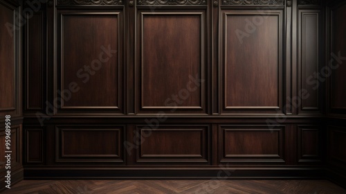 Dark wood paneling and flooring with intricate molding detail in a corner.