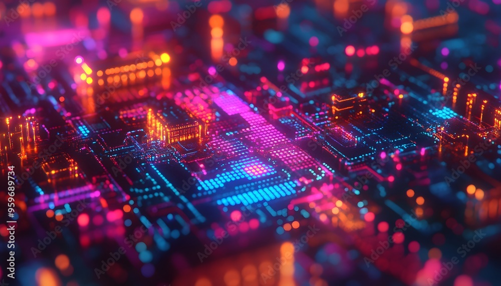 Abstract Circuitry with Neon Lights and Bokeh Effect Abstract Circuitry with Neon Lights and Bokeh Effect