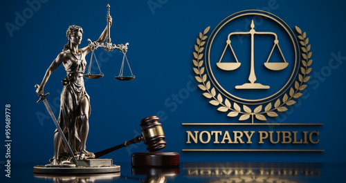 Fotografi Notary Public: Themis and judge's gavel in the background of a golden icon with