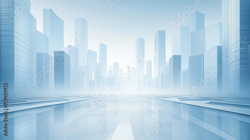 Futuristic Cityscape Vector Illustration with Blue Gradient and White Skyscrapers, Modern Architecture Design for Corporate Presentation