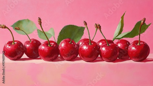 Oil painting showcasing a design of vibrant cherries set against a pink backdrop featuring fresh cherries and a vivid background photo