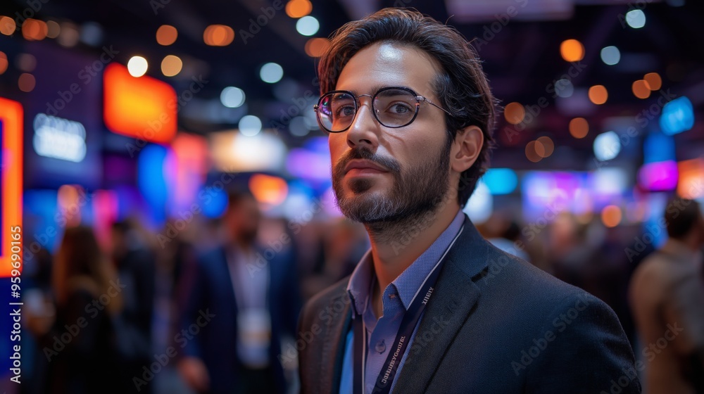 Fototapeta premium Confident Businessman in Glasses Standing in Modern Technology Expo, Surrounded by Vibrant Lights and Blurred Crowd in Background, Focused on Future Opportunities