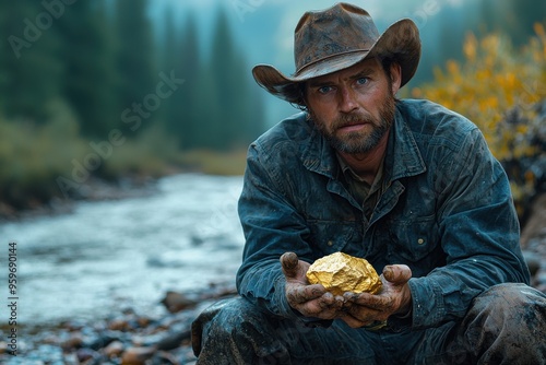 Lone prospector kneels by a riverbed at dawn holding a golden nugget