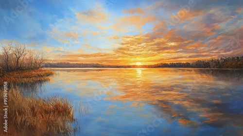 Oil painting depicting a lakeside sunset with natural landscapes featuring reflections a blue sky and warm golden sunlight