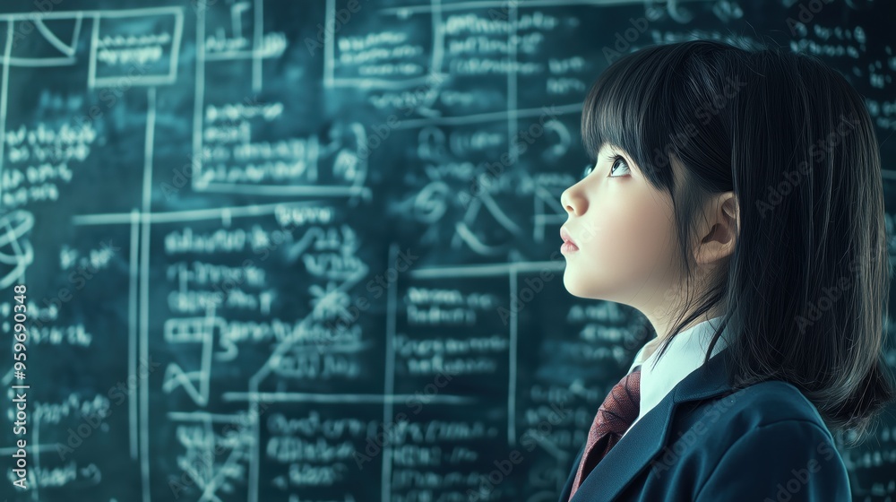 Student in School Uniform Solving Equations on Blackboard - Natural Light, Academic Setting Student in School Uniform Solving Equations on Blackboard - Natural Light, Academic Setting