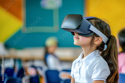 portrait of a student in a classroom , Schoolgirl learning with VR headset on head