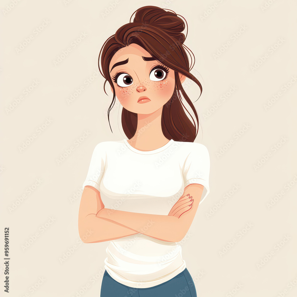 A cartoonstyle young mom, exhausted from childbirth, shows tired eyes and subtle wrinkles, standing tall with pride. A cartoonstyle young mom, exhausted from childbirth, shows tired eyes and subtle wrinkles, standing tall with pride.