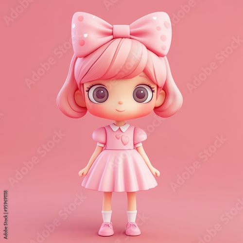 Adorable mini 3D girl model, crafted in a cute chibi style for your next creative project