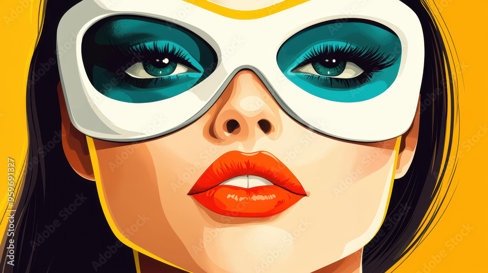Vibrant pop art illustration of a woman in a mask, styled in retro comic fashion for print and web design. Vibrant pop art illustration of a woman in a mask, styled in retro comic fashion for print and web design.