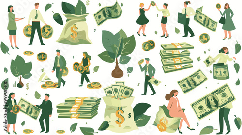 Tiny people with money. Budget elements, different poses persons, woman waters money tree, man rolls large coin, holding bill, millionaire on full bags, businessman with cash, vector set
