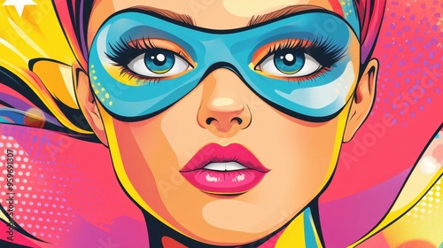 A vibrant pop art illustration of a woman with squinted eyes, sporting a fun mask. Perfect for a party theme