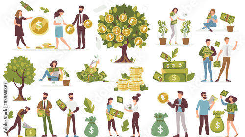 Tiny people with money. Budget elements, different poses persons, woman waters money tree, man rolls large coin, holding bill, millionaire on full bags, businessman with cash, vector set

