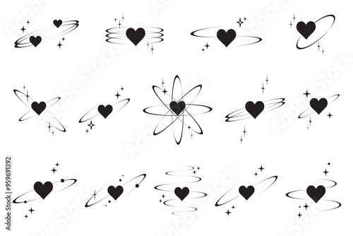 Y2K heart icons. Vector star shapes. Symbols of love. Outline cosmic design elements on white background. Cute retro romantic set of magic sparkles. Abstract celestial 90s decoration