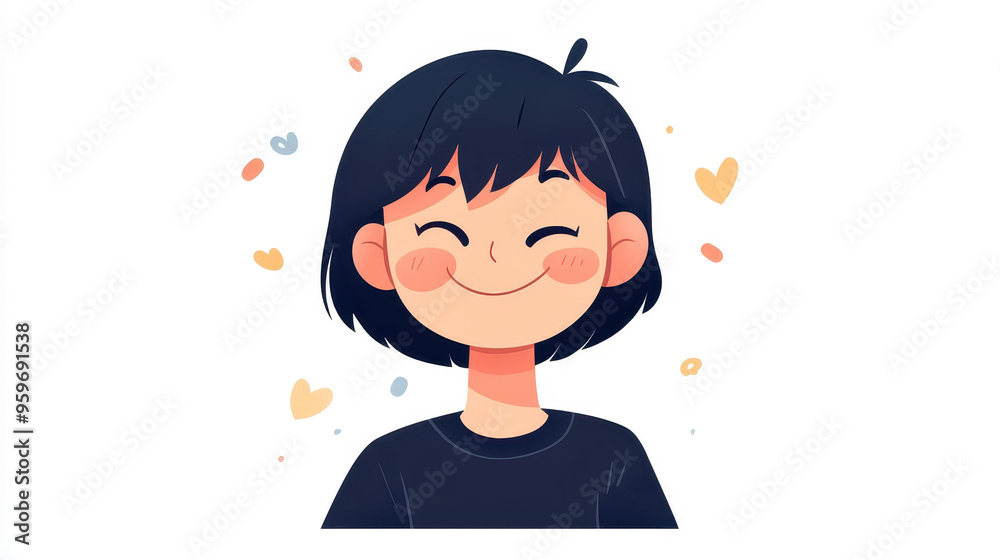 A joyful anime girl with a bright smile, set against a clean white backdrop, showcasing modern flat illustration techniques. A joyful anime girl with a bright smile, set against a clean white backdrop, showcasing modern flat illustration techniques.