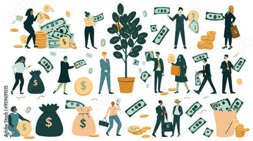 Tiny people with money. Budget elements, different poses persons, woman waters money tree, man rolls large coin, holding bill, millionaire on full bags, businessman with cash, vector set
