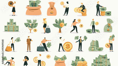 Tiny people with money. Budget elements, different poses persons, woman waters money tree, man rolls large coin, holding bill, millionaire on full bags, businessman with cash, vector set
