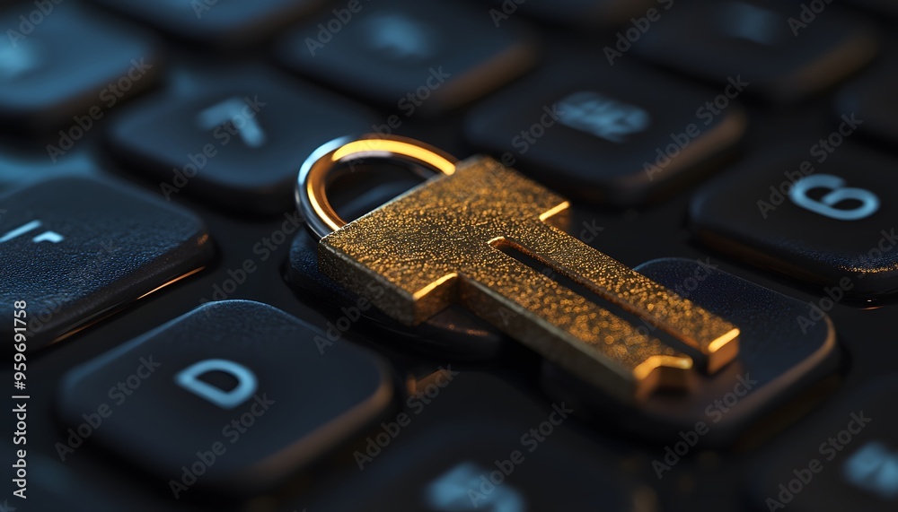 Golden Key on a Black Keyboard, Symbol of Digital Security