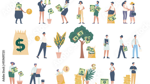 Tiny people with money. Budget elements, different poses persons, woman waters money tree, man rolls large coin, holding bill, millionaire on full bags, businessman with cash, vector set

