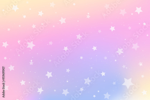 Pink and purple gradient unicorn sky with stars. Rainbow pastel cute bg. Magic abstract holographic backdrop. Iridescent soft fairy space. Vector dreamy wallpaper