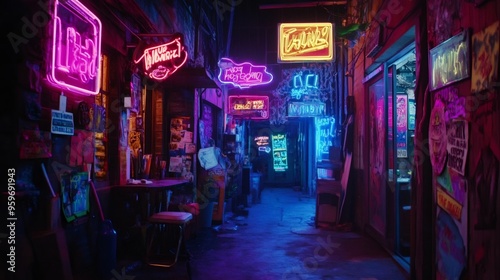 Neon signs illuminate a narrow, dimly lit alleyway with graffiti on the walls.