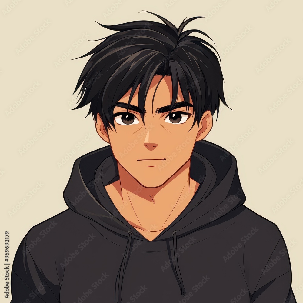 A charming cartoonish illustration of an Asian man with black hair, sporting a black hoodie, radiating style and confidence. A charming cartoonish illustration of an Asian man with black hair, sporting a black hoodie, radiating style and confidence.
