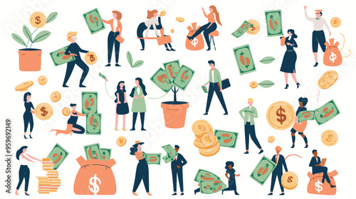 Tiny people with money. Budget elements, different poses persons, woman waters money tree, man rolls large coin, holding bill, millionaire on full bags, businessman with cash, vector set
