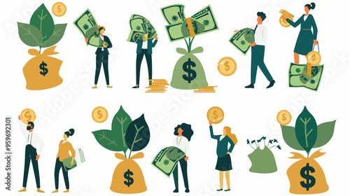 Tiny people with money. Budget elements, different poses persons, woman waters money tree, man rolls large coin, holding bill, millionaire on full bags, businessman with cash, vector set
