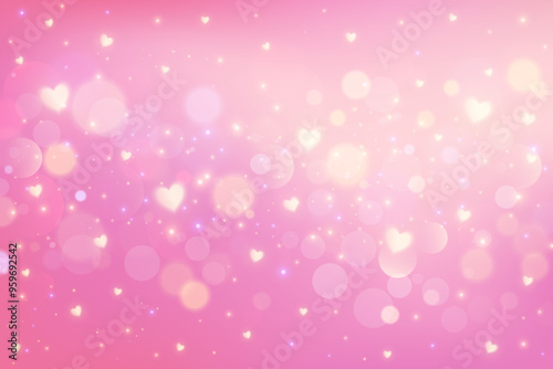 Pink background with bokeh and hearts. Cute pastel gradient girly blurred backdrop for Valentine Day card design. Lovely dreamy vector wallpaper with soft fairy light. Lilac glittering bg