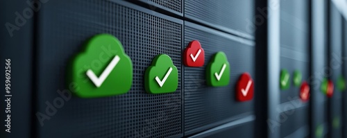 Cloud architecture with green checkmarks and red error icons, visualizing disaster recovery success and failures, IT monitoring