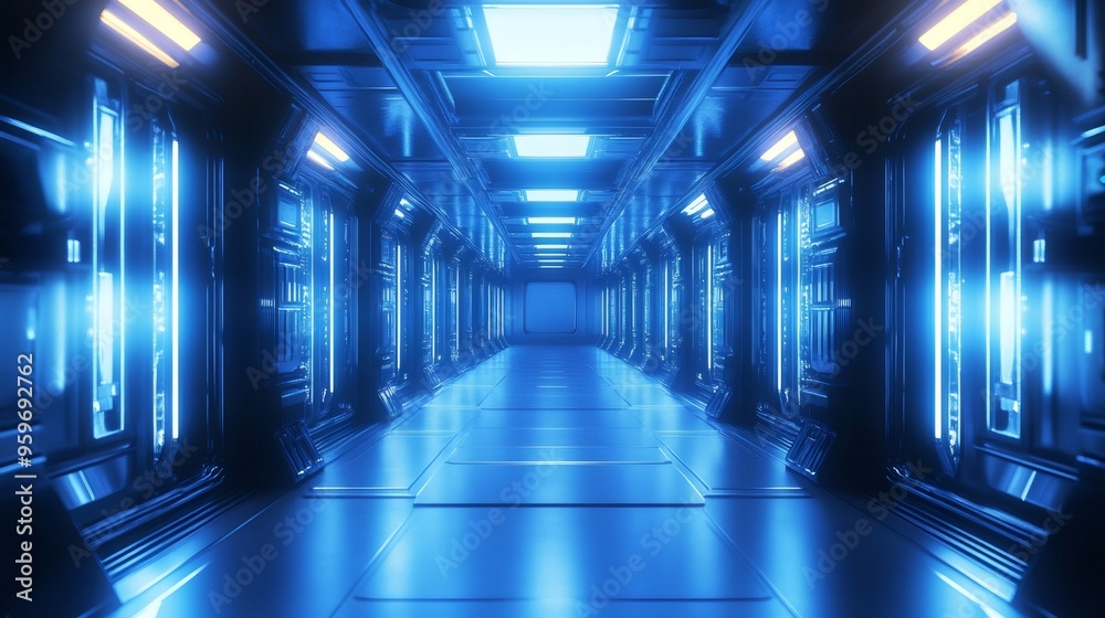 Empty blue neon lit futuristic corridor with glowing lights on the walls and ceiling. Empty blue neon lit futuristic corridor with glowing lights on the walls and ceiling.