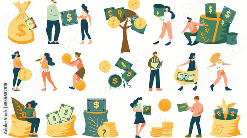 Tiny people with money. Budget elements, different poses persons, woman waters money tree, man rolls large coin, holding bill, millionaire on full bags, businessman with cash, vector set
