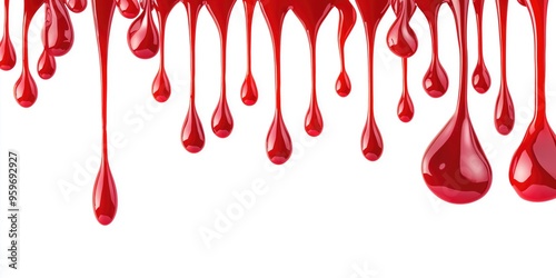Red glazing or blood droplets dripping from the top of white copyspace background for creepy Halloween background