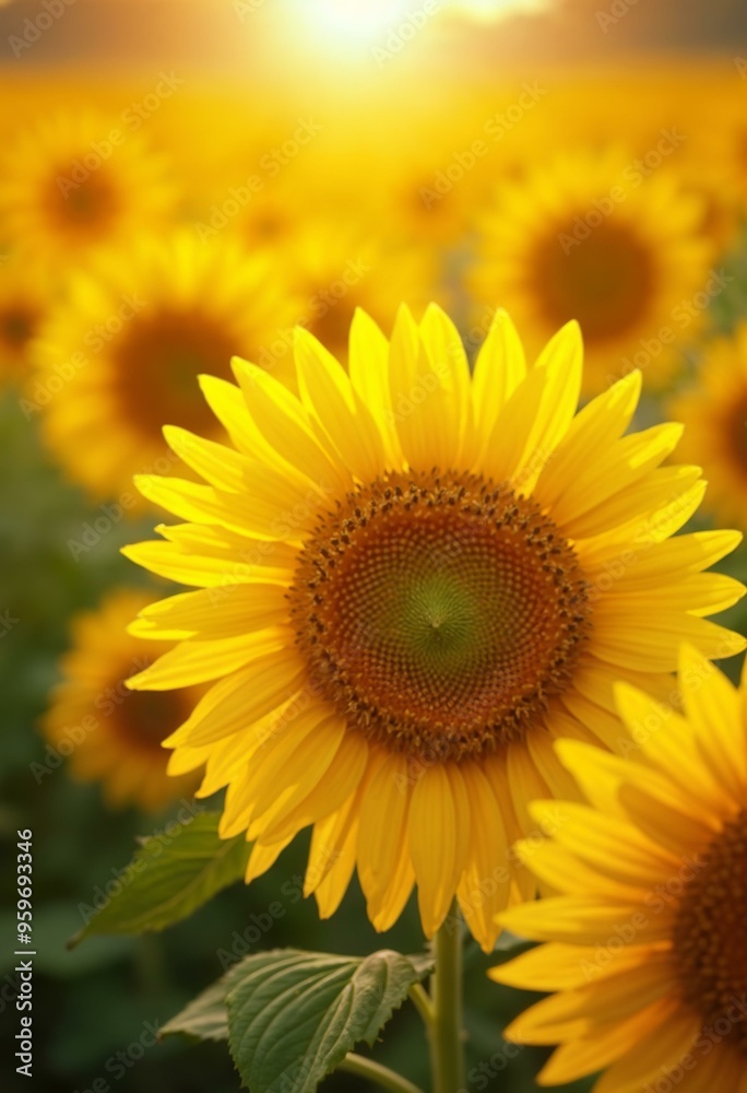 Sunflower Field at Sunset. Close-up of a sunflower in a field at sunset. Summer, nature, and beauty. Sunflower Field at Sunset. Close-up of a sunflower in a field at sunset. Summer, nature, and beauty.