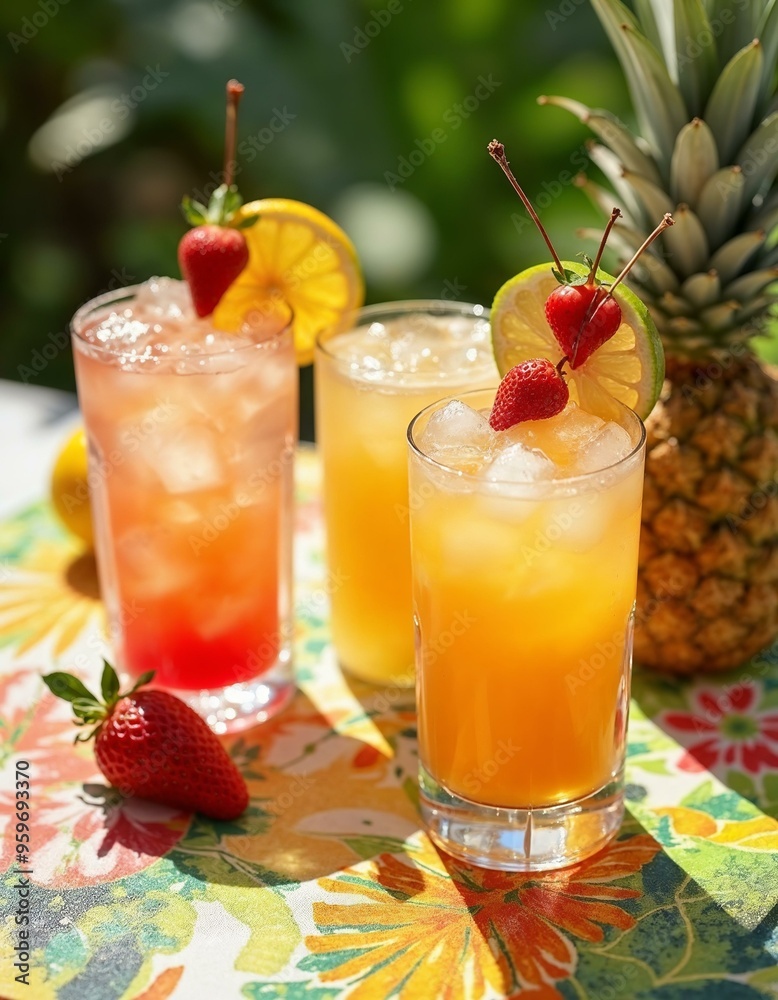 Tropical Cocktails in the Sun. Refreshing cocktails with fruit garnishes. Summer, vacation, and relaxation. Tropical Cocktails in the Sun. Refreshing cocktails with fruit garnishes. Summer, vacation, and relaxation.
