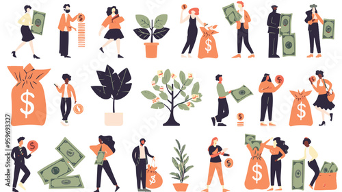 Tiny people with money. Budget elements, different poses persons, woman waters money tree, man rolls large coin, holding bill, millionaire on full bags, businessman with cash, vector set

