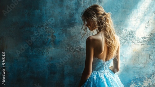 Mysterious Woman in Blue Dress Against Textured Wall