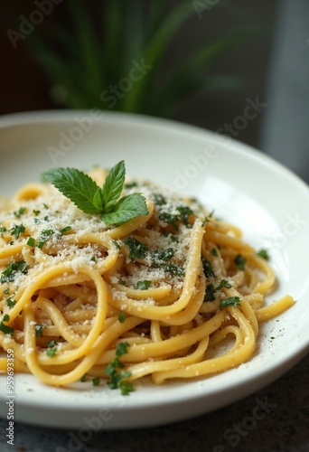 Spaghetti with Herbs and Cheese. Delicious spaghetti pasta with herbs and grated parmesan. Italian cuisine. photo