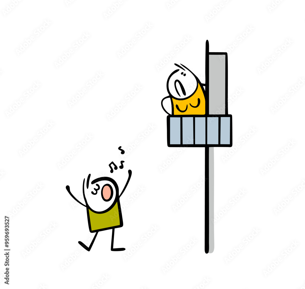 Funny lover sings under the windows of beautiful girl. Vector illustration of an unapproachable woman standing on a balcony. Funny characters, a man wants a relationship. Funny lover sings under the windows of beautiful girl. Vector illustration of an unapproachable woman standing on a balcony. Funny characters, a man wants a relationship.