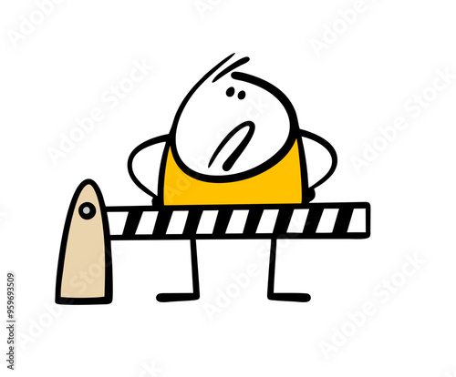 Disgruntled man stands in front of a closed barrier. Vector illustration of restriction of freedom and rights. Passage is impossible, the cartoon stickman is upset and looks at the striped stick.