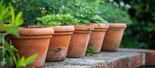 A line of terra cotta flower pots containing a young plant Gardening idea. with copy space image. Place for adding text or design