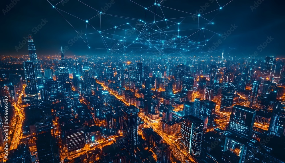 Fototapeta premium Nighttime aerial view of a densely populated city with a glowing network above