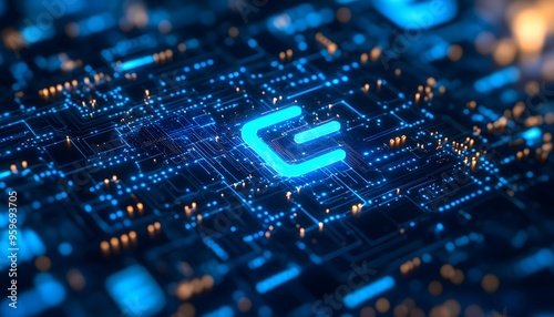 Illuminated Circuit Board with Blue "E" Symbol