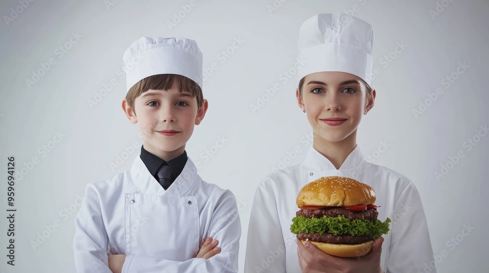 Young chefs proudly showcase a delicious burger in a modern kitchen setting Young chefs proudly showcase a delicious burger in a modern kitchen setting