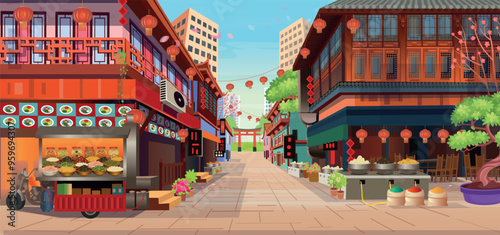 Panorama chinese street with old houses, chinese arch, lanterns and a garland. Vector illustration of city street in cartoon style.
