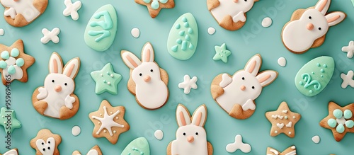 Food banner Seamless pattern Adorable bunny decoration Conceptual art Abstract backdrop Charming rabbit shaped gingerbread cookies with green icing set against a blue textured background photo